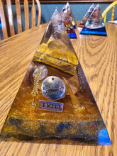Load image into Gallery viewer, Large Tiger Eye Orgonite EMF Protection/Chakra Healing Pyramid 3-6 Symm