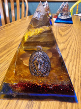 Load image into Gallery viewer, Large Tiger Eye Orgonite EMF Protection/Chakra Healing Pyramid 3-6 Symm