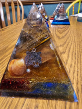 Load image into Gallery viewer, Large Tiger Eye Orgonite EMF Protection/Chakra Healing Pyramid 3-6 Symm