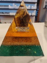 Load image into Gallery viewer, Medium Tiger Eye Orgonite EMF Protection/Chakra Healing Pyramid 10-14 Symm
