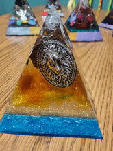 Load image into Gallery viewer, Medium Tiger Eye Orgonite EMF Protection/Chakra Healing Pyramid 10-19 Symm
