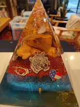 Load image into Gallery viewer, Large Tiger Eye Orgonite EMF Protection/Chakra Healing Pyramid 2-19 Symm