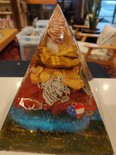 Load image into Gallery viewer, Large Tiger Eye Orgonite EMF Protection/Chakra Healing Pyramid 2-19 Symm